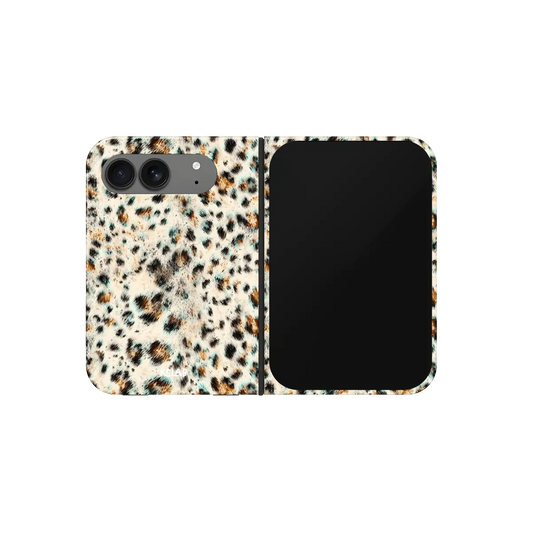 Teal Leopard Print, Cool Leopard iPhone 18 Fold Case, unfolded front view