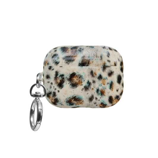 Teal Leopard airpods pro case front view with closed lid and keychain