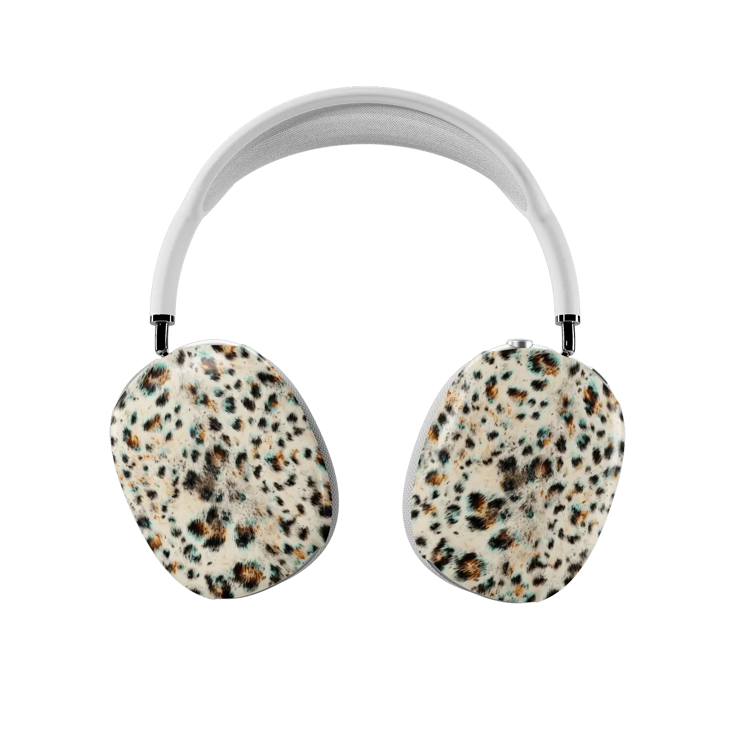 Teal leopard print AirPods Max covers fitted on both earcups, front view