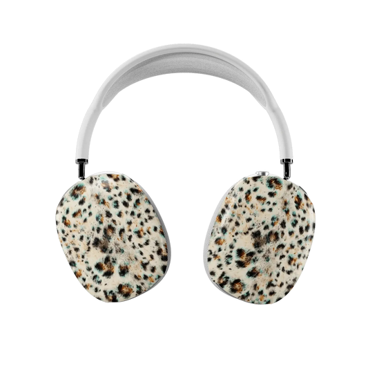 Teal leopard print AirPods Max covers fitted on both earcups, front view