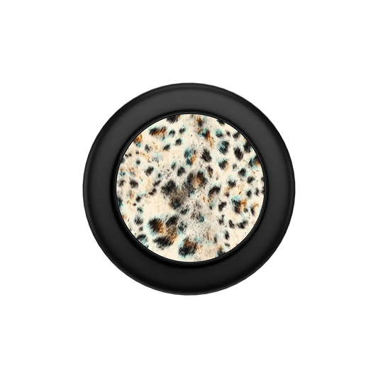 Teal leopard MagSafe phone grip with black ring folded flat, top down view