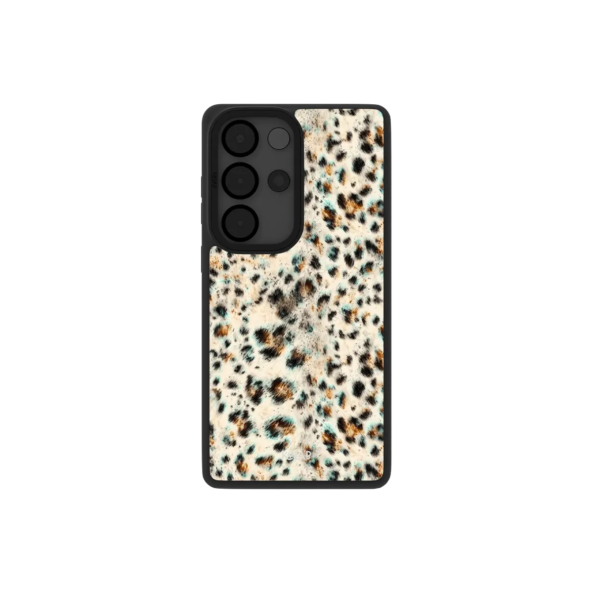 Teal leopard print Samsung Galaxy case, back view with turquoise spots on ivory around the camera cutout