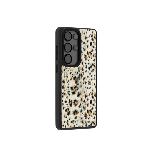 Teal leopard print Samsung Galaxy case at a side angle showing the wrapped button covers