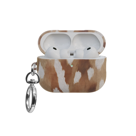 Fawn Spots airpods pro case front view with open lid and keychain