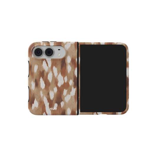 Caramel Fawn Print iPhone 18 Fold Case, unfolded side view showing the hinge