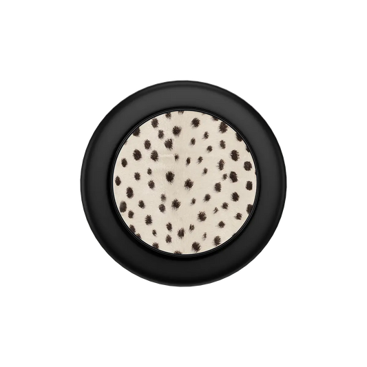 Cream cheetah MagSafe phone grip with black ring folded flat, top down view