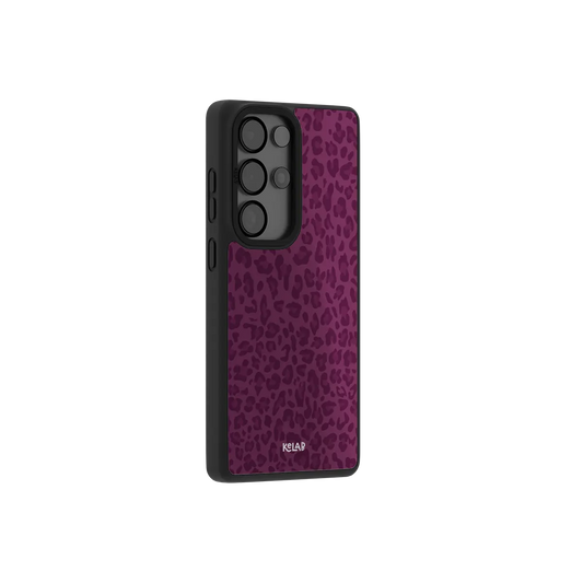 Burgundy leopard print Samsung Galaxy case at a side angle showing the wrapped button covers