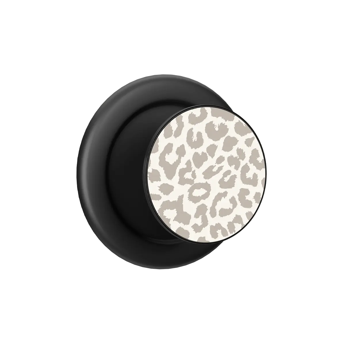 Minimalist leopard print MagSafe phone grip with black ring, expanded and standing open