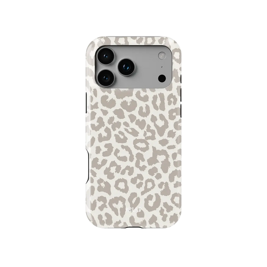 Minimalist leopard Tough iPhone case, back view with grey outline spots on cream around the camera cutout