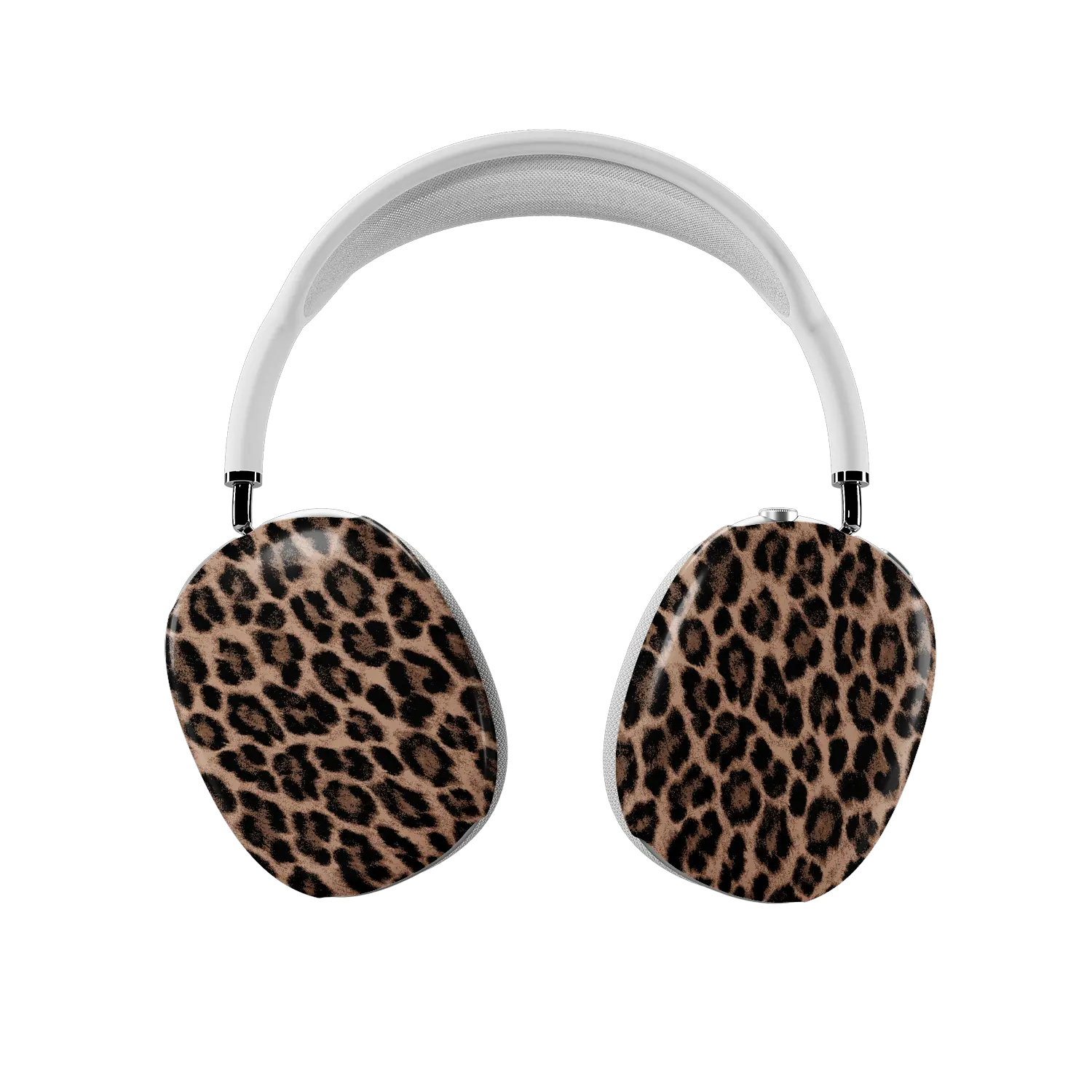 Brown leopard print AirPods Max covers fitted on both earcups, front view