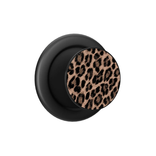 Brown leopard print MagSafe phone grip with black ring, expanded and standing open