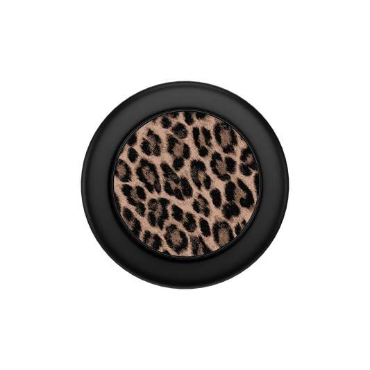 Brown leopard MagSafe phone grip with black ring folded flat, top down view