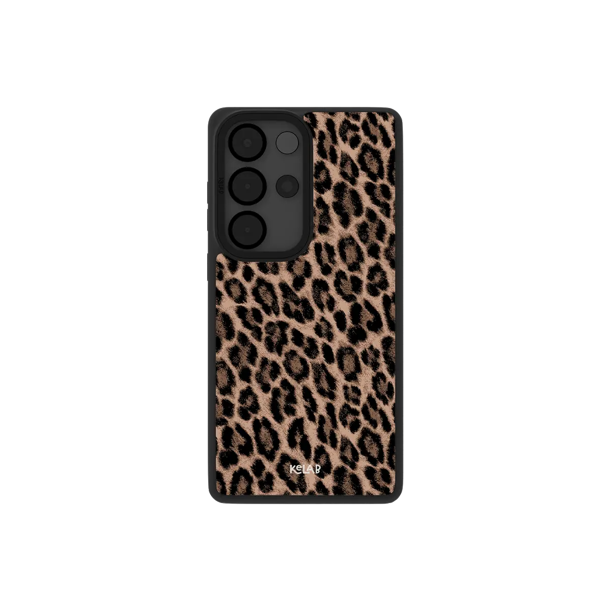 Brown leopard print Samsung Galaxy case, back view with tan and black rosettes around the camera cutout