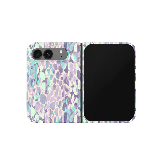 Lilac Leopard Print, Pastel Purple iPhone 18 Fold Case, unfolded front view
