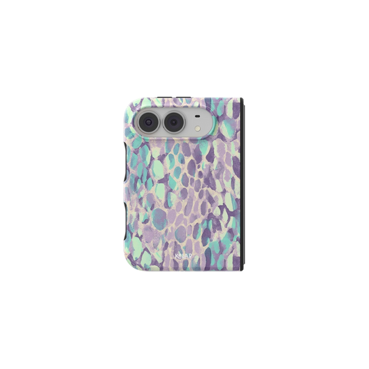 Lilac Leopard Print, Pastel Purple iPhone 18 Fold Case, unfolded front view