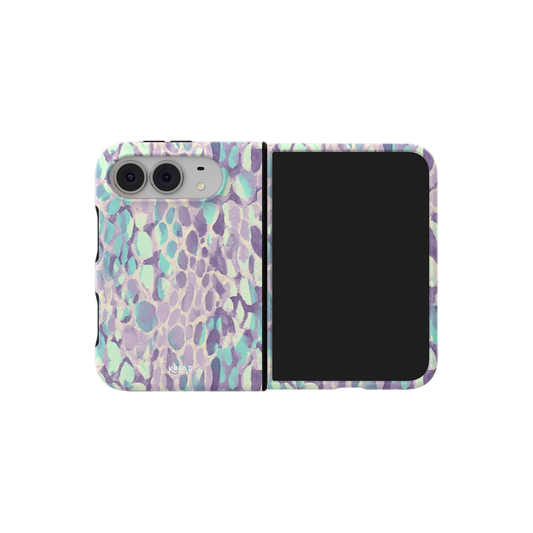 Lilac Leopard Print, Pastel Purple iPhone 18 Fold Case, unfolded side view showing the hinge