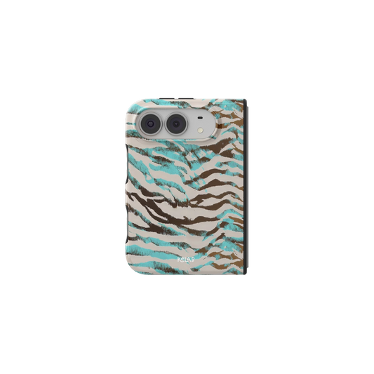 Turquoise Tiger Print, Blue Stripe iPhone 18 Fold Case, unfolded front view