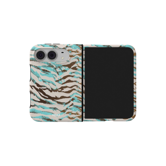Turquoise Tiger Print, Blue Stripe iPhone 18 Fold Case, unfolded side view showing the hinge