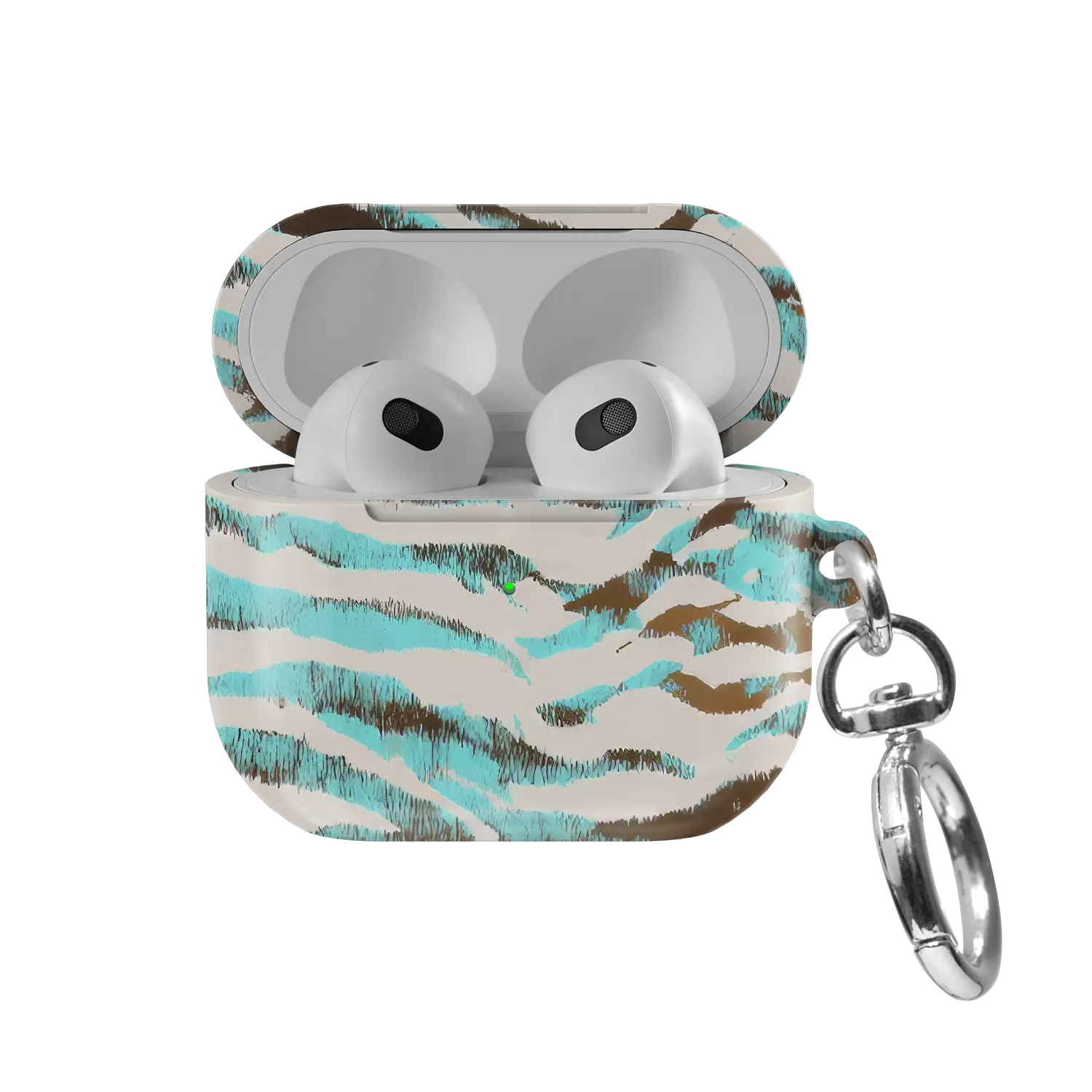 Wild Current | Turquoise Tiger Print AirPods Case - front view with open lid