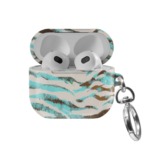 Wild Current | Turquoise Tiger Print AirPods Case - front view with open lid