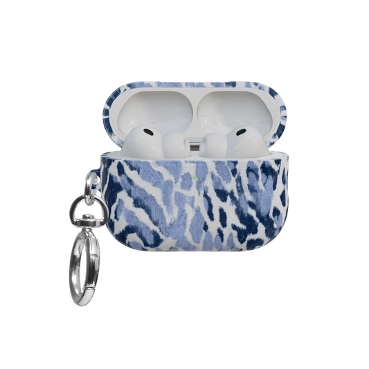 Navy Leopard airpods pro case front view with open lid and keychain