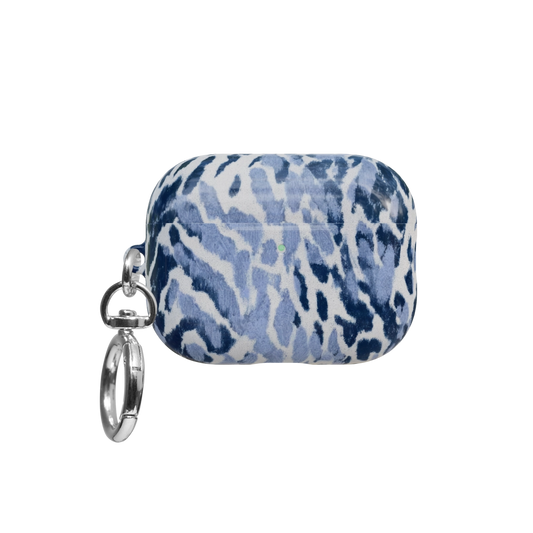Navy Leopard airpods pro case front view with closed lid and keychain