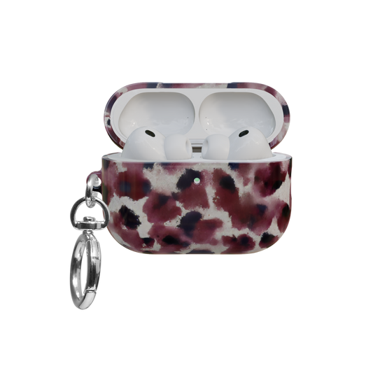 Dark Red Cheetah airpods pro case front view with open lid and keychain