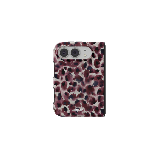 Dark Red Cheetah Print, Wine Spots iPhone 18 Fold Case, unfolded front view