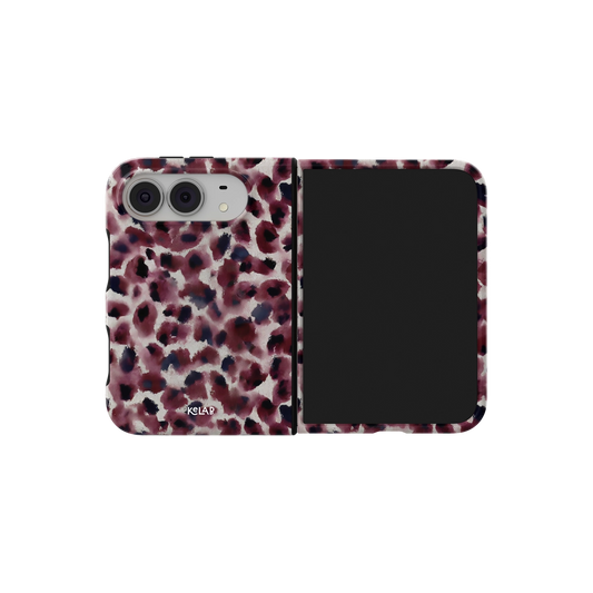 Dark Red Cheetah Print, Wine Spots iPhone 18 Fold Case, unfolded side view showing the hinge