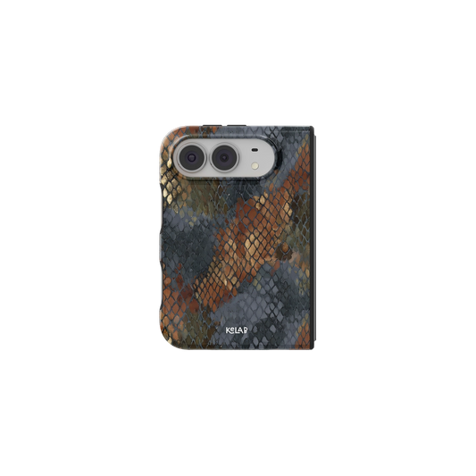 Brown Snake Print, Copper iPhone 18 Fold Case, unfolded front view