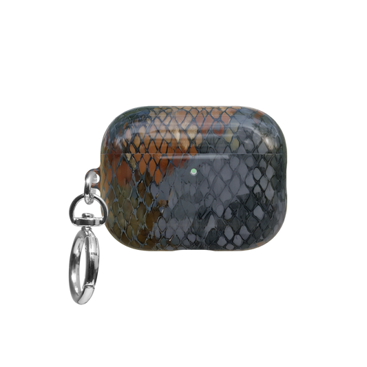 Brown Snake Print airpods pro case front view with closed lid and keychain