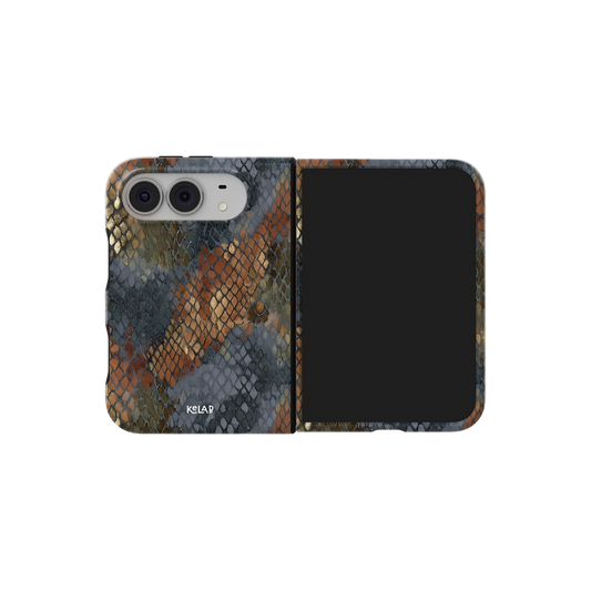 Brown Snake Print, Copper iPhone 18 Fold Case, unfolded side view showing the hinge