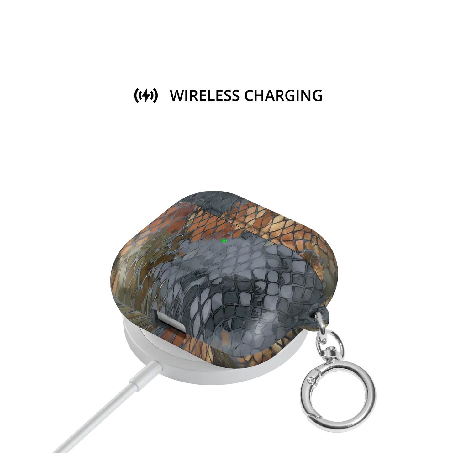 Dragon Scale | Brown Snake Print AirPods Case - shown on wireless charger