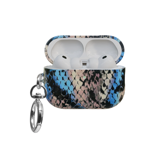 Blue Snake Print airpods pro case front view with open lid and keychain