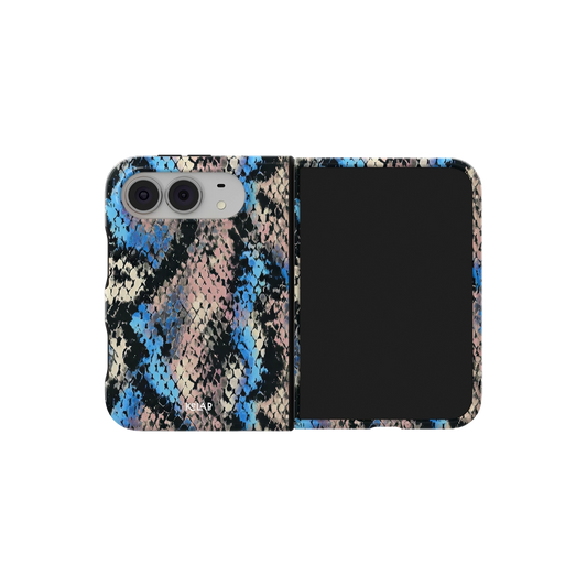Blue Snakeskin, Cobalt Serpent iPhone 18 Fold Case, unfolded side view showing the hinge