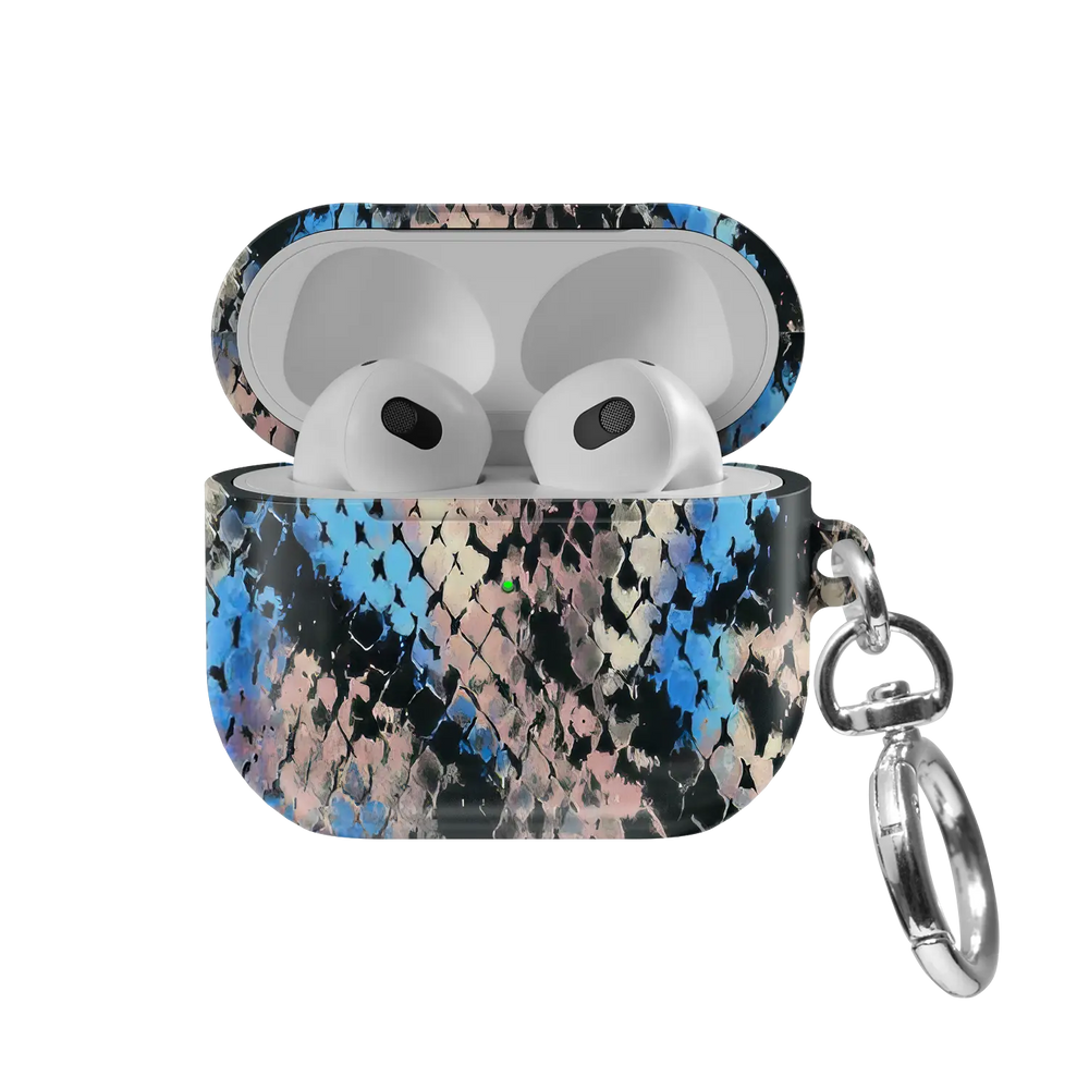 Glacier Coil | Blue Snake Print AirPods Case - front view with open lid