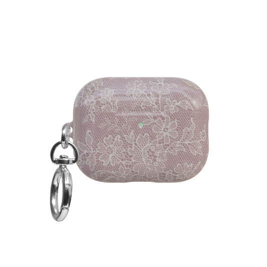 Pink Lace airpods pro case front view with closed lid and keychain