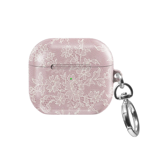 Powder Rose AirPods case — front view showing fine floral lace on greyed pink with keychain clasp