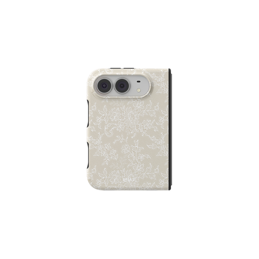 Ivory Lace, Cream Floral Lace Vintage iPhone 18 Fold Case, unfolded front view