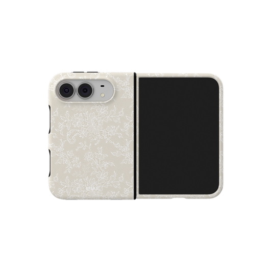Ivory Lace, Cream Floral Lace Vintage iPhone 18 Fold Case, unfolded side view showing the hinge