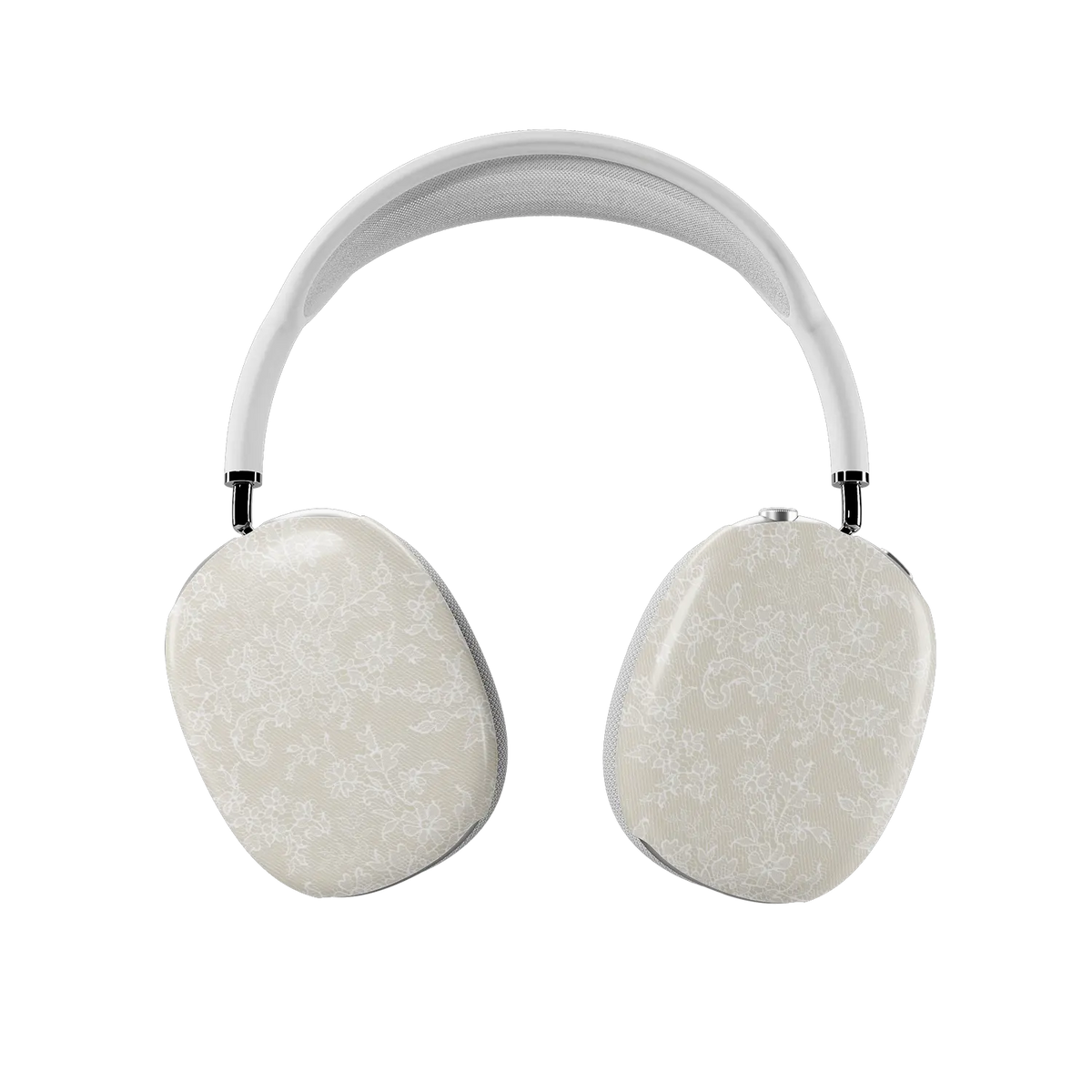 Ivory Lace AirPods Max cover, front view showing both earcups covered
