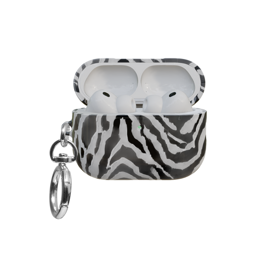 Black & White Zebra Print airpods pro case front view with open lid and keychain