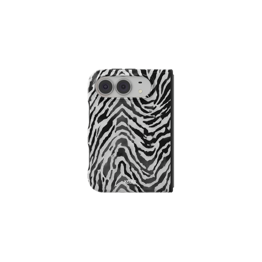 Black White Zebra Print, Chevron iPhone 18 Fold Case, unfolded front view