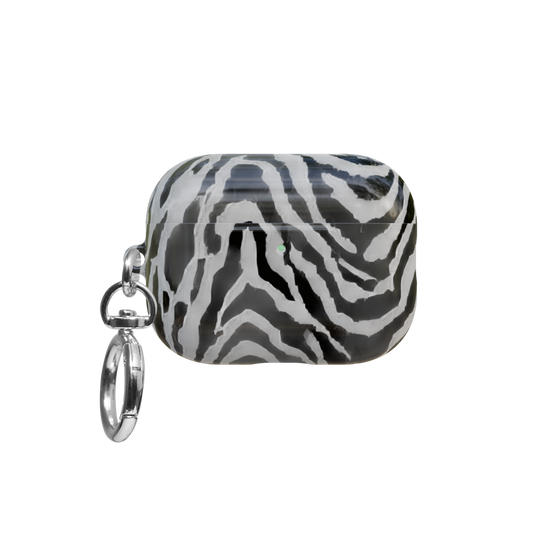 Black & White Zebra Print airpods pro case front view with closed lid and keychain