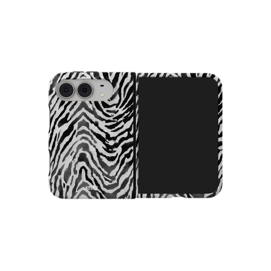 Black White Zebra Print, Chevron iPhone 18 Fold Case, unfolded side view showing the hinge