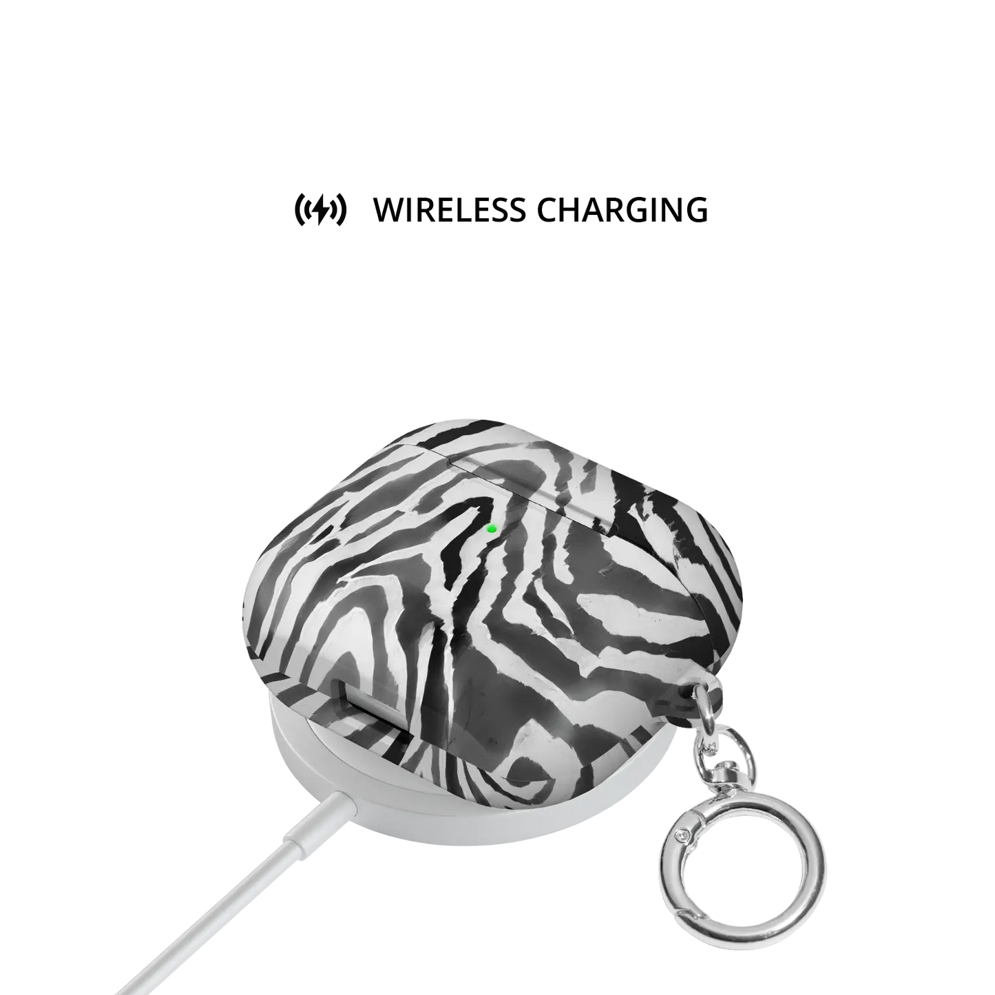 Zebra Crossing | Black & White Zebra Print AirPods Case - shown on wireless charger