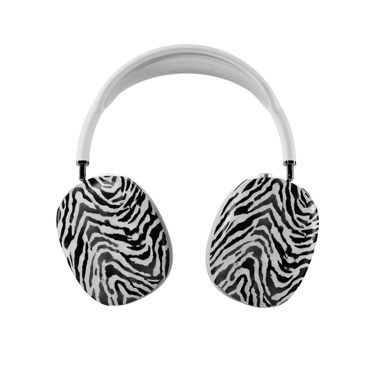 Zebra Crossing black and white zebra print AirPods Max covers fitted on both earcups, front view.