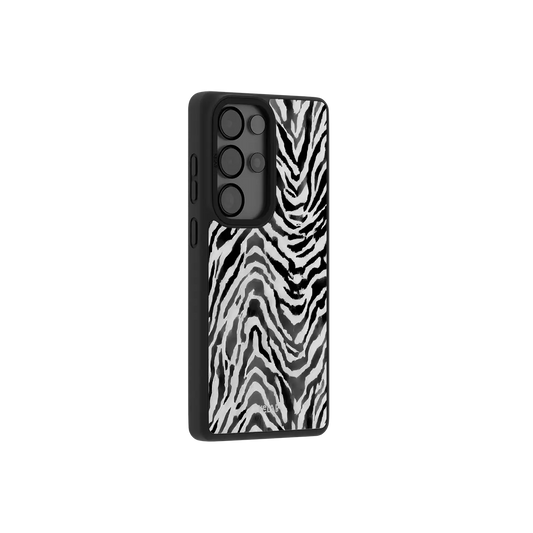 Zebra Crossing black and white zebra print Samsung Galaxy case at a side angle showing the wrapped button covers.