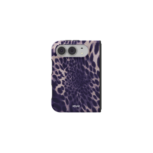 Purple Cheetah Print, Spiral Animal iPhone 18 Fold Case, unfolded front view