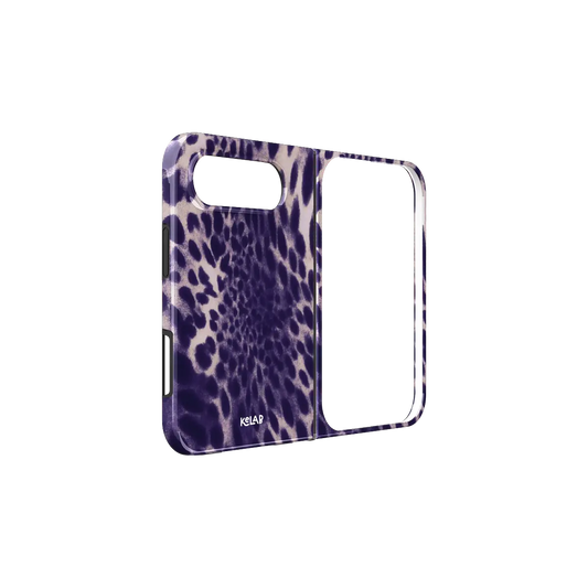 Purple Cheetah Print, Spiral Animal iPhone 18 Fold Case, unfolded side view showing the hinge